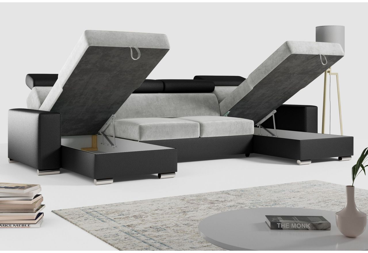 Narożnik FOX U - uniwersalny - jasnoszary, czarny, welwet, ekoskóra