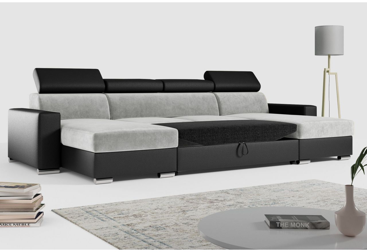 Narożnik FOX U - uniwersalny - jasnoszary, czarny, welwet, ekoskóra