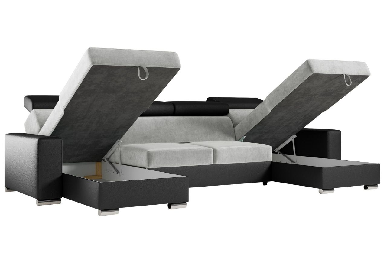 Narożnik FOX U - uniwersalny - jasnoszary, czarny, welwet, ekoskóra