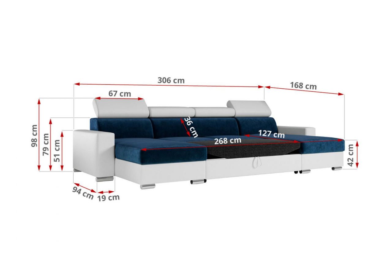 Narożnik FOX U - uniwersalny - ciemnoniebieski, biały, welwet, ekoskóra