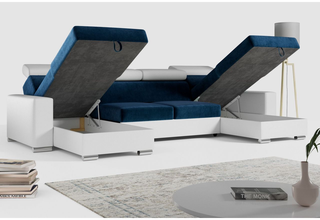 Narożnik FOX U - uniwersalny - ciemnoniebieski, biały, welwet, ekoskóra