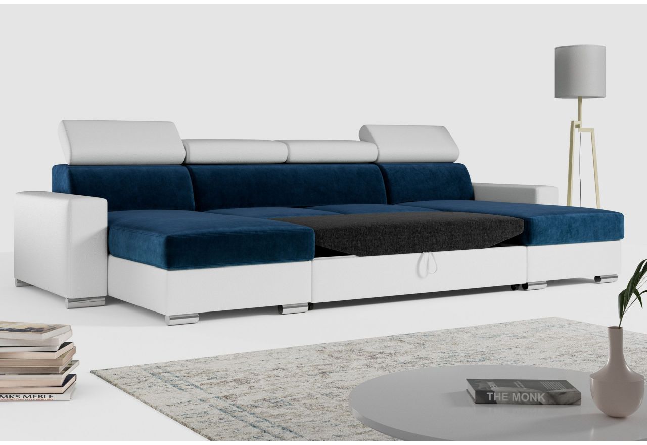 Narożnik FOX U - uniwersalny - ciemnoniebieski, biały, welwet, ekoskóra