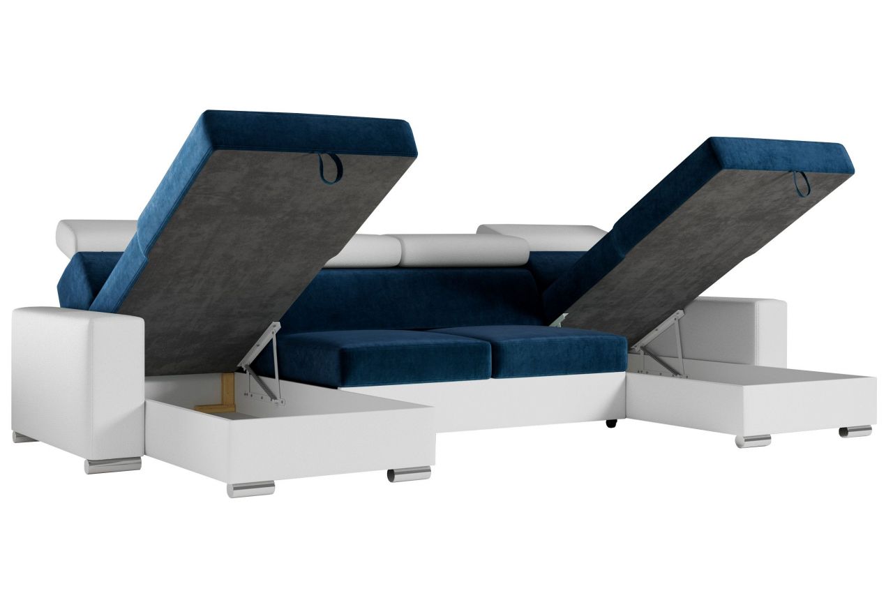 Narożnik FOX U - uniwersalny - ciemnoniebieski, biały, welwet, ekoskóra