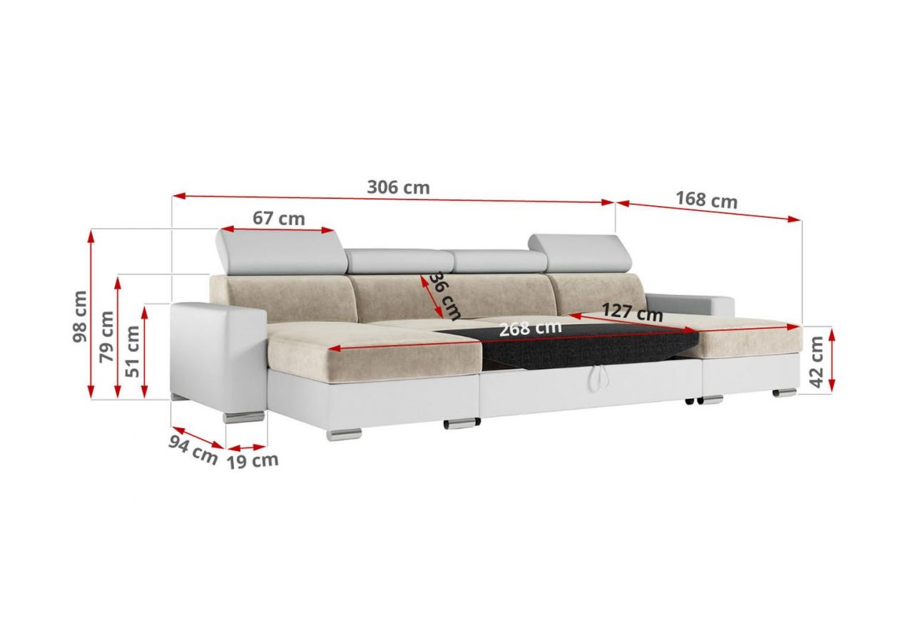 Narożnik FOX U - uniwersalny - beżowy, biały, welwet, ekoskóra