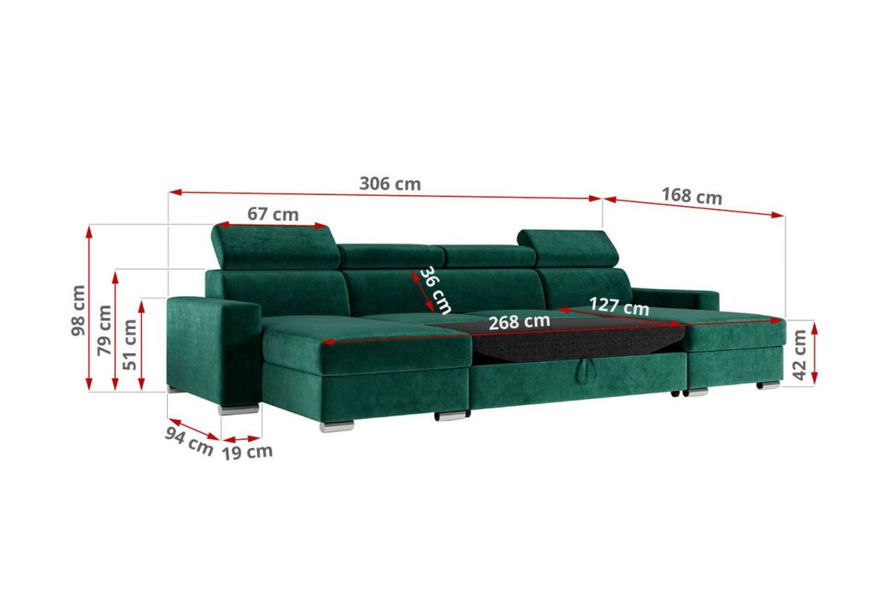 Narożnik FOX U - uniwersalny - ciemnozielony, welwet