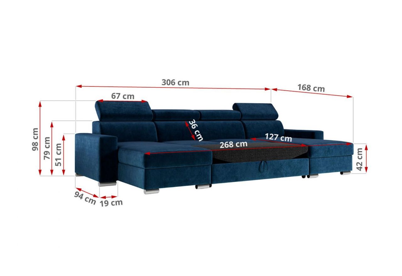 Narożnik FOX U - uniwersalny - ciemnoniebieski, welwet