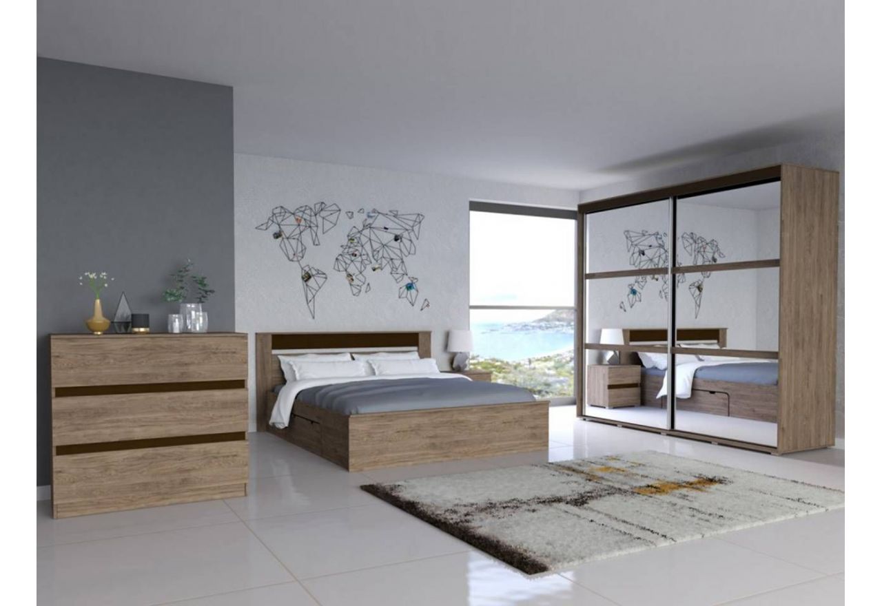 Zestaw mebli do sypialni z opcją wyboru materaca w nowoczesnym stylu - LUNGO Sonoma trufla / Dąb bagienny