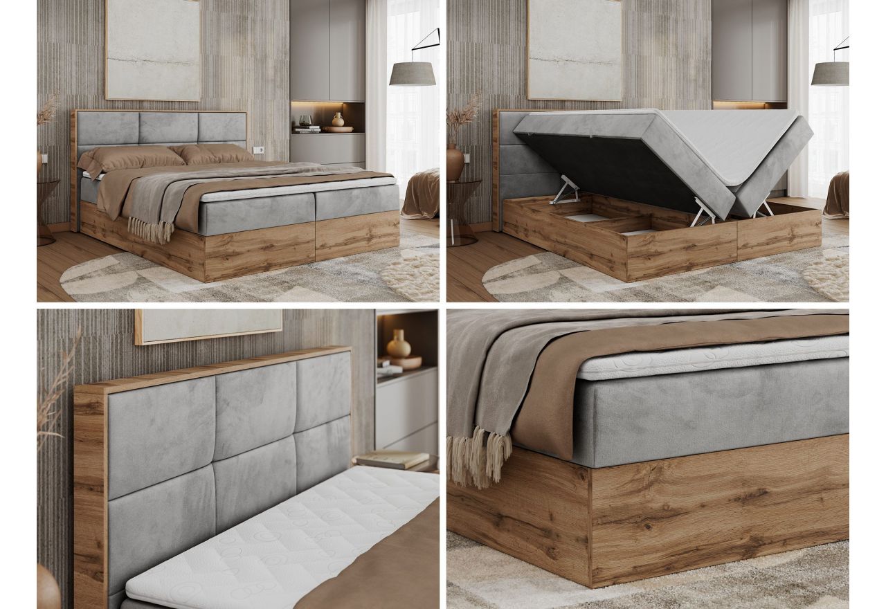 Łóżko kontynentalne ALBERO 2 200x200 - H3 - jasnoszary, welwet