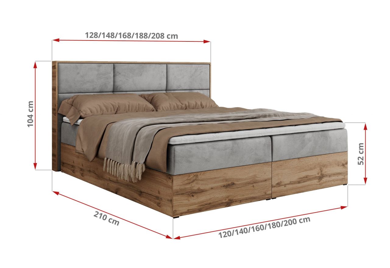 Łóżko kontynentalne ALBERO 2 120x200 - H3 - jasnoszary, welwet