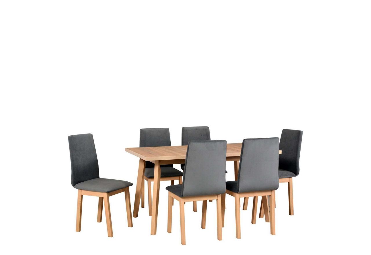 Zestaw drewnianych mebli z tapicerowanymi krzesłami i rozkładanym stołem - stół COMA 5 + krzesła REM 5