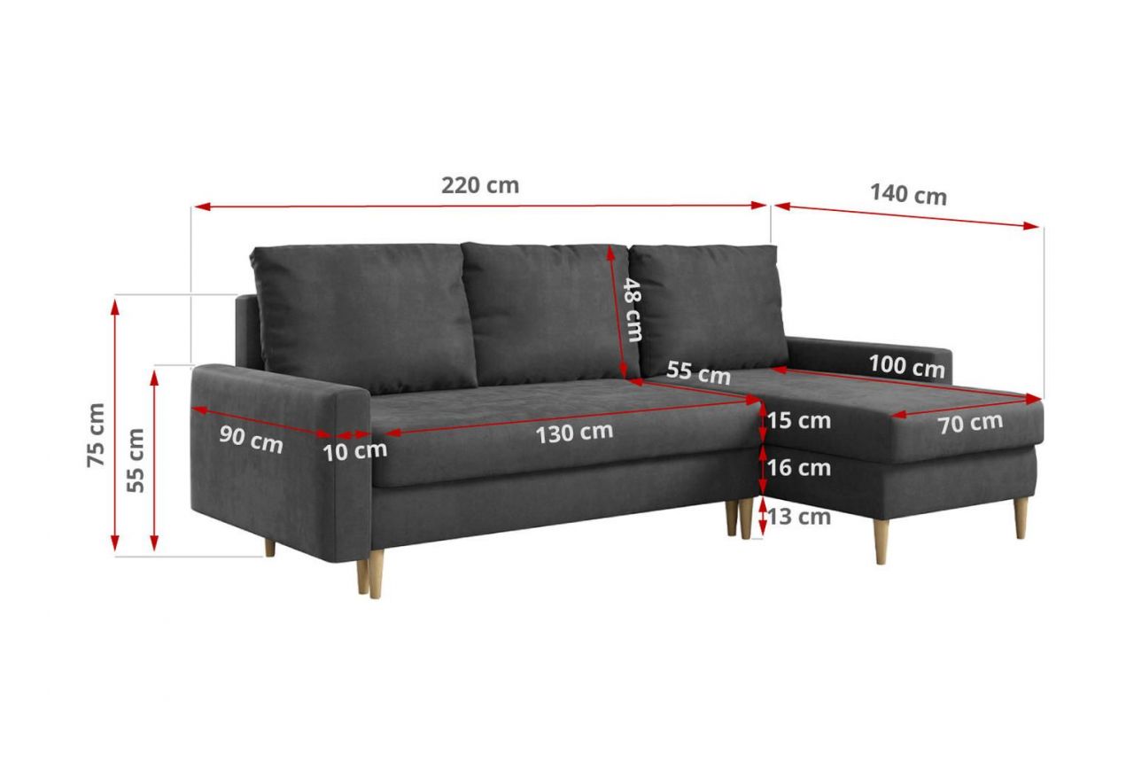 Narożnik LANG L - uniwersalny - szary, welwet