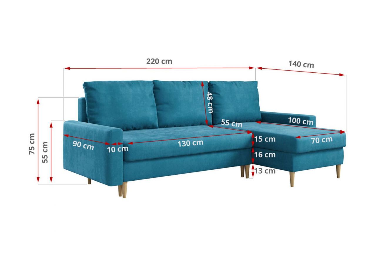 Narożnik LANG L - uniwersalny - niebieski, welwet
