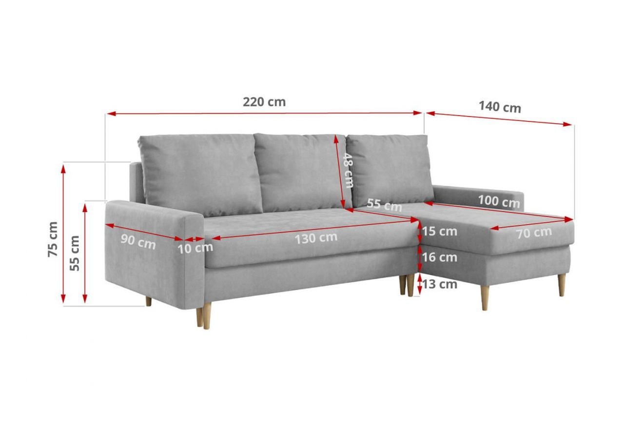 Narożnik LANG L - uniwersalny - jasnoszary, welwet