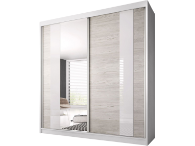 Duża szafa w designerskim stylu z lustrem i białym szklanym paskiem 233 cm  - TILUM 32 Biały / Kathult / szkło białe / lustro