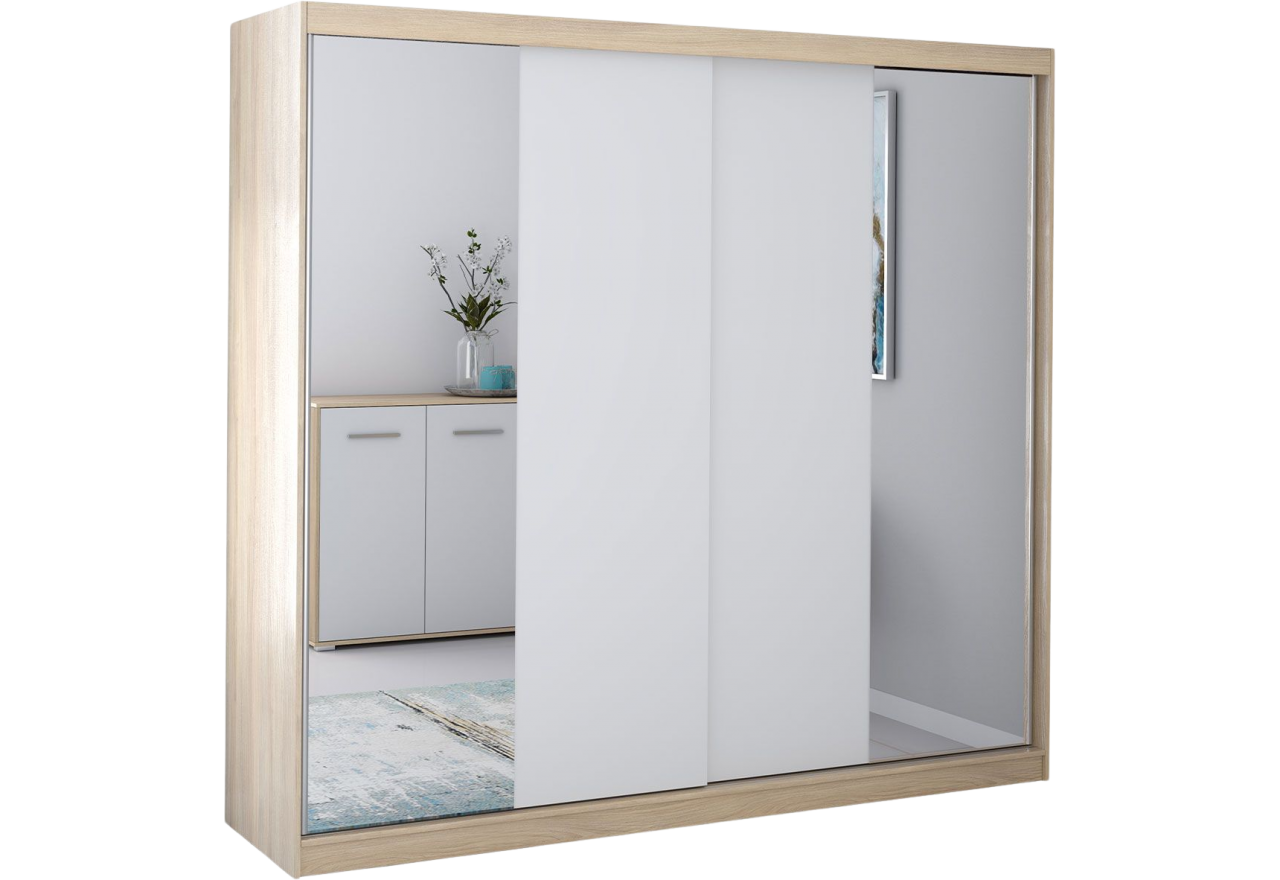 Praktyczna i stylowa szafa przesuwna dwufrontowa z lustrem 233 cm - TILUM 38 Dąb Sonoma / Biały - lustro