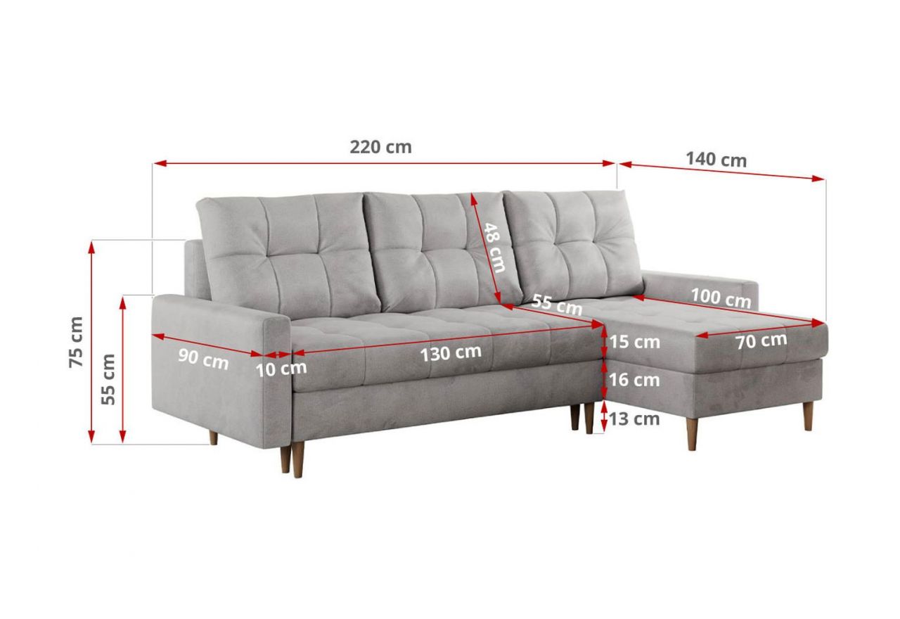 Narożnik COLIN L - uniwersalny - jasnoszary, welwet