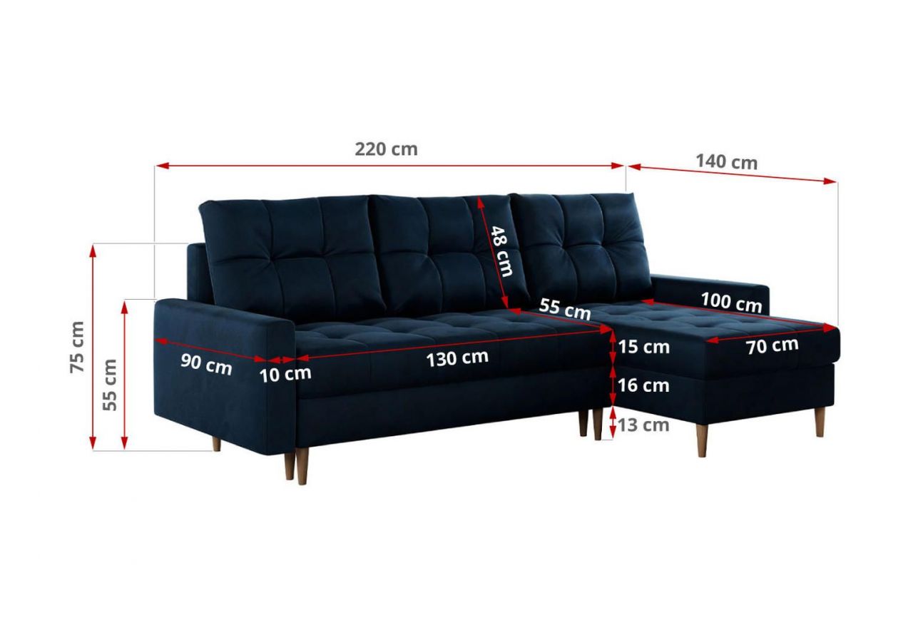 Narożnik COLIN L - uniwersalny - ciemnoniebieski, welwet