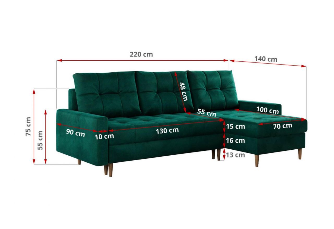 Narożnik COLIN L - uniwersalny - ciemnozielony, welwet