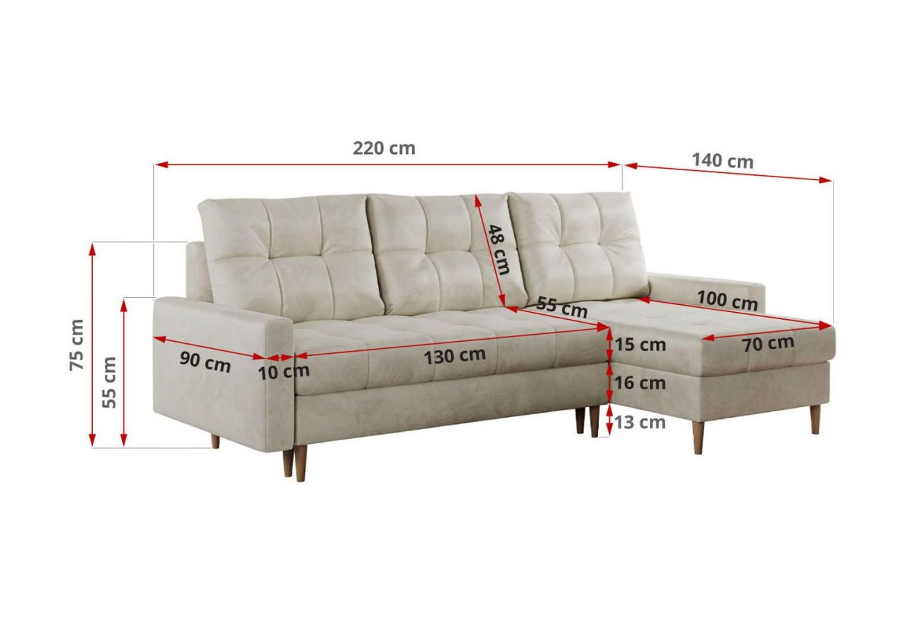 Narożnik COLIN L - uniwersalny - beżowy, welwet