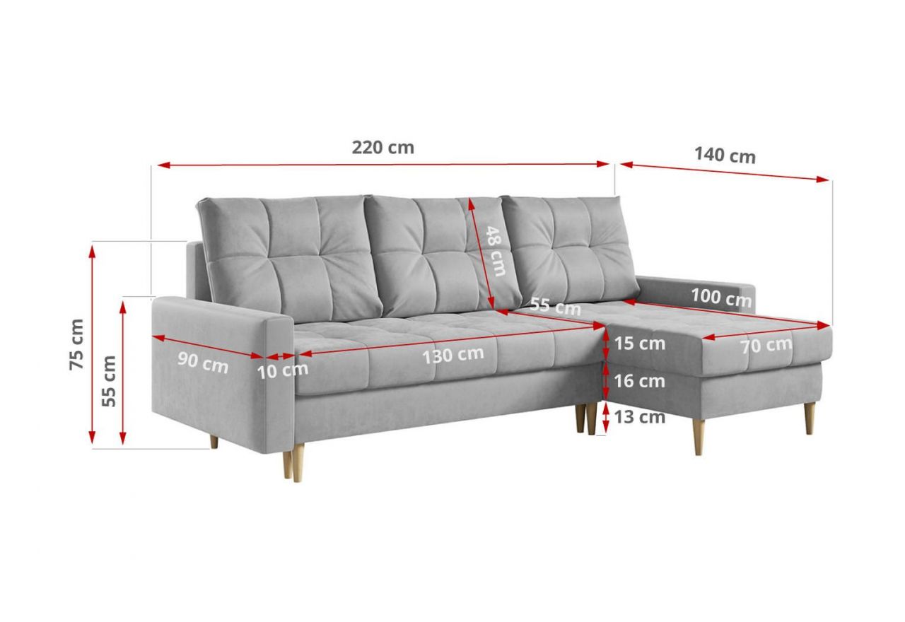 Narożnik ASTRA L - uniwersalny - jasnoszary, welwet