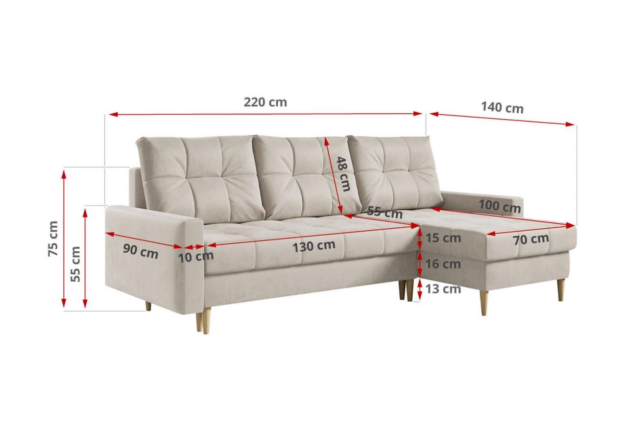 Narożnik ASTRA L - uniwersalny - beżowy, welwet