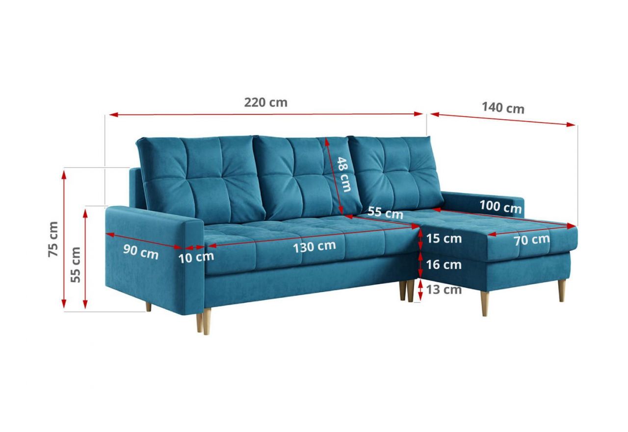 Narożnik ASTRA L - uniwersalny - niebieski, welwet