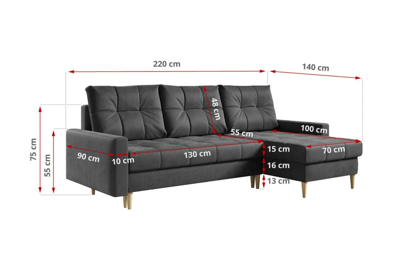 Narożnik ASTRA L - uniwersalny - szary, welwet