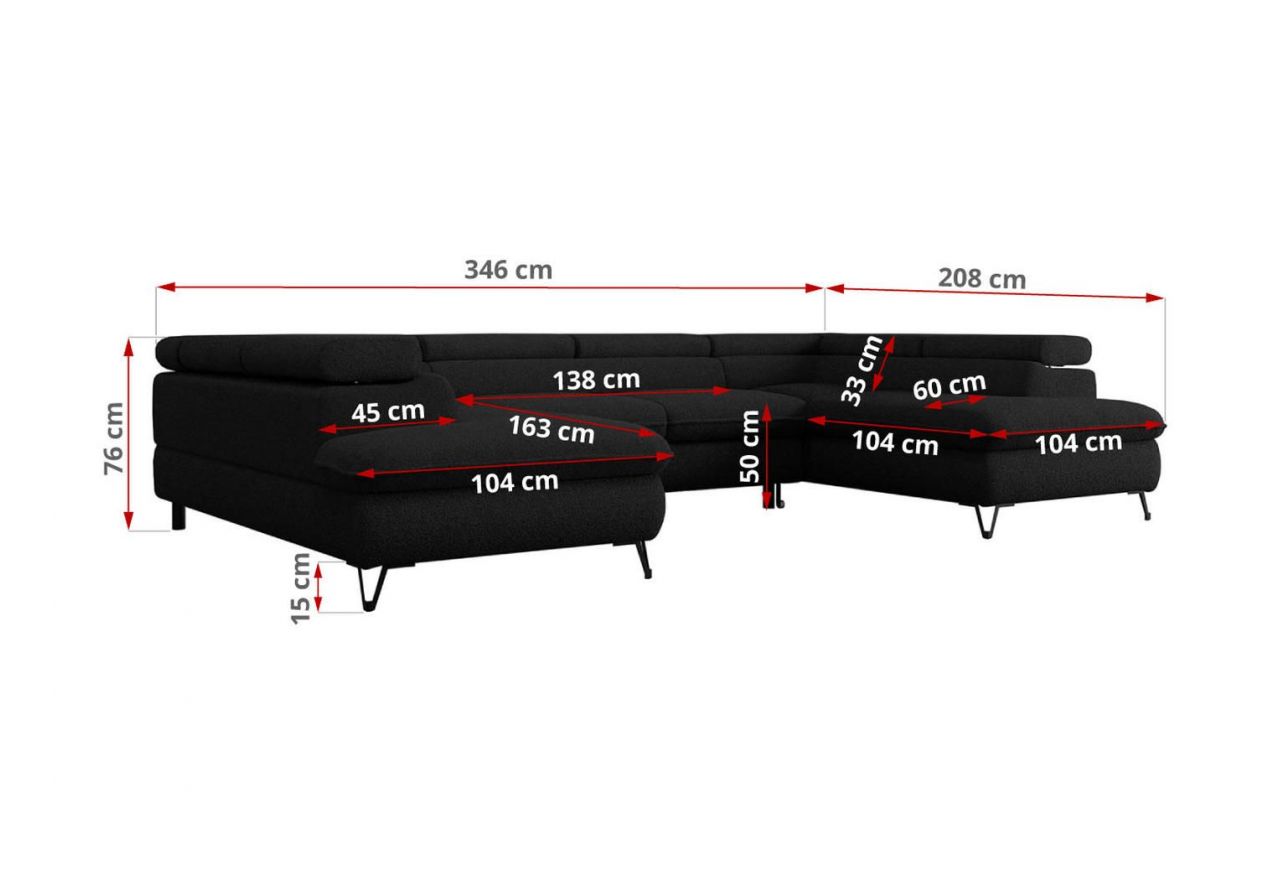 Narożnik PEDRO U - uniwersalny - czarny, boucle