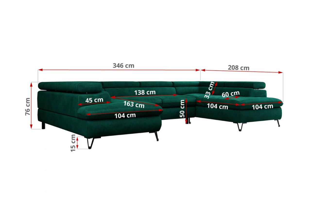 Narożnik PEDRO U - uniwersalny - ciemnozielony, welwet