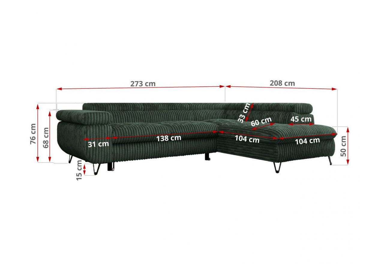 Narożnik PEDRO L - strona lewa - ciemnozielony, sztruks