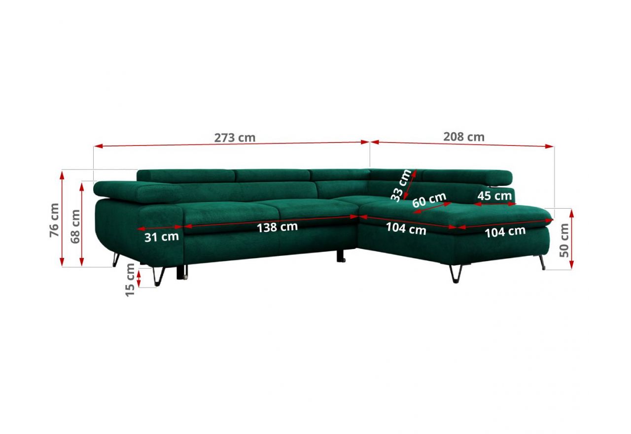 Narożnik PEDRO L - strona lewa - ciemnozielony, welwet