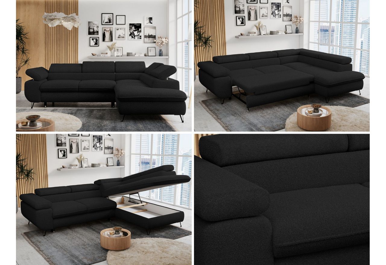 Narożnik PETER L - strona prawa - czarny, boucle