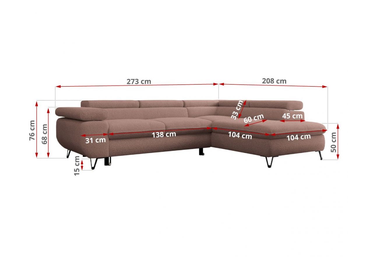 Narożnik PETER L - strona prawa - różowy, boucle