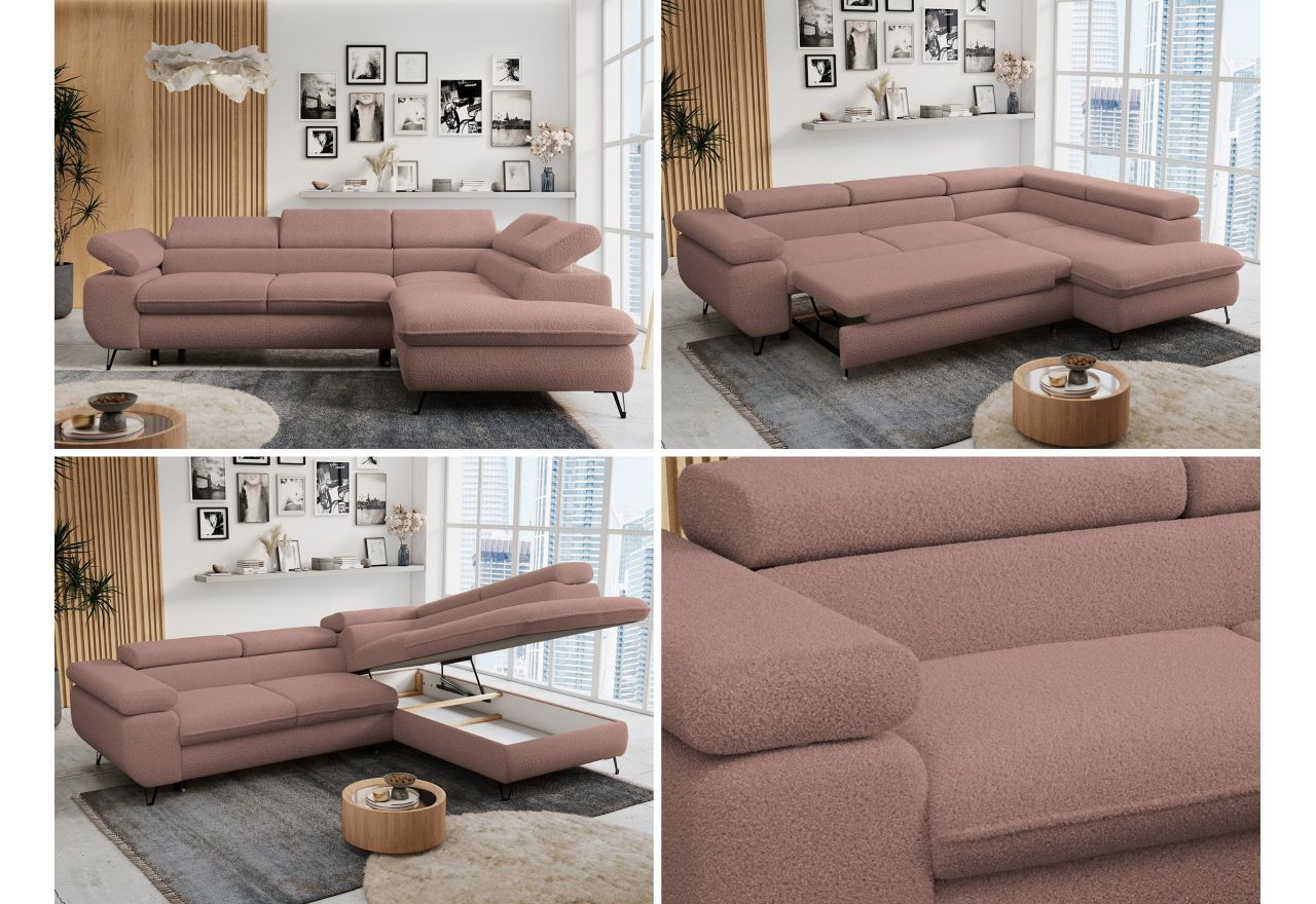 Narożnik PETER L - strona prawa - różowy, boucle