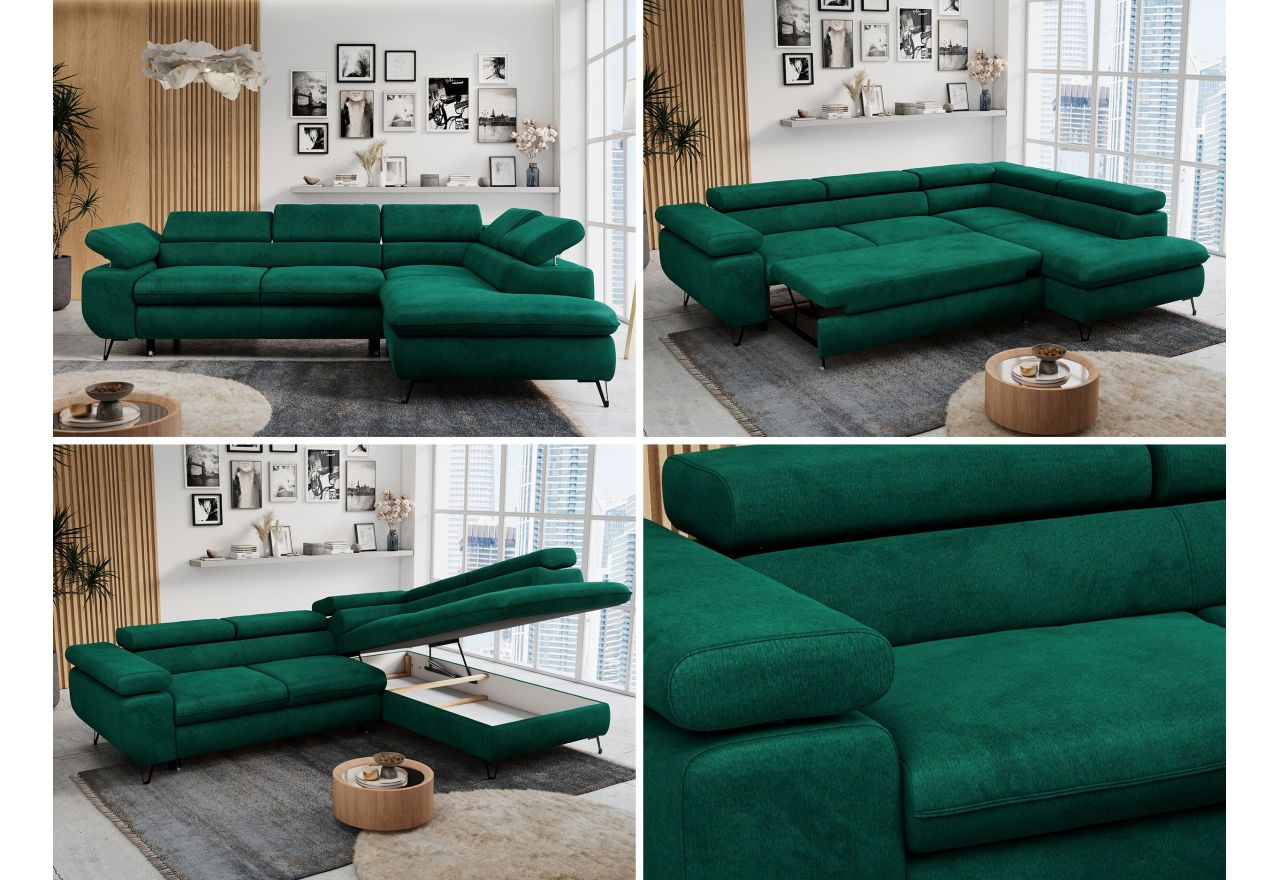 Narożnik PETER L - strona prawa - ciemnozielony, welwet