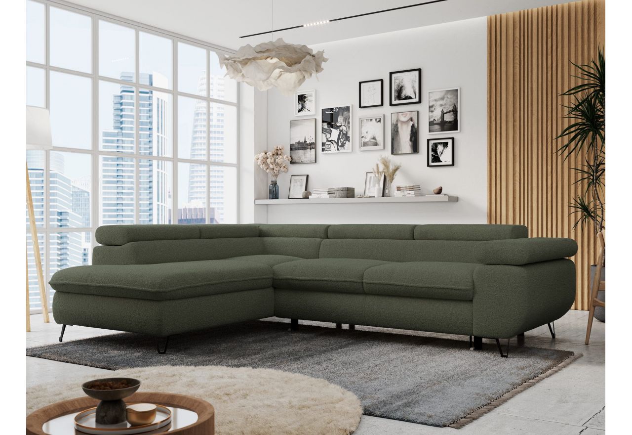 Narożnik PETER L - strona lewa - ciemnozielony, boucle