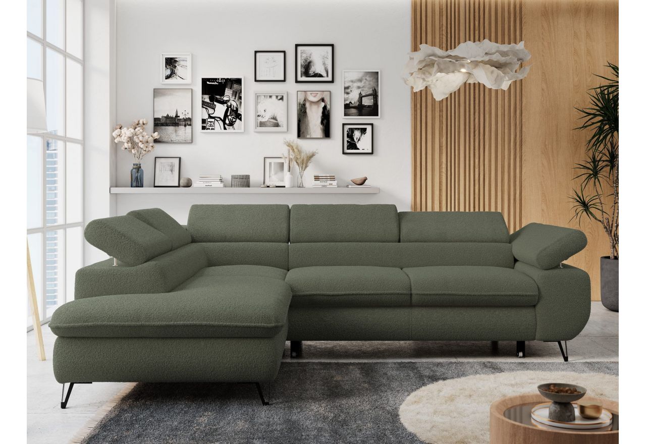 Narożnik PETER L - strona lewa - ciemnozielony, boucle