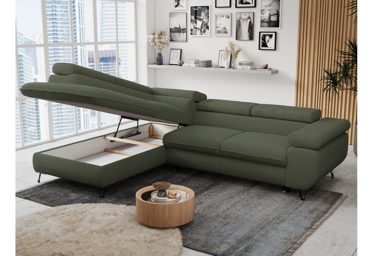 Narożnik PETER L - strona lewa - ciemnozielony, boucle