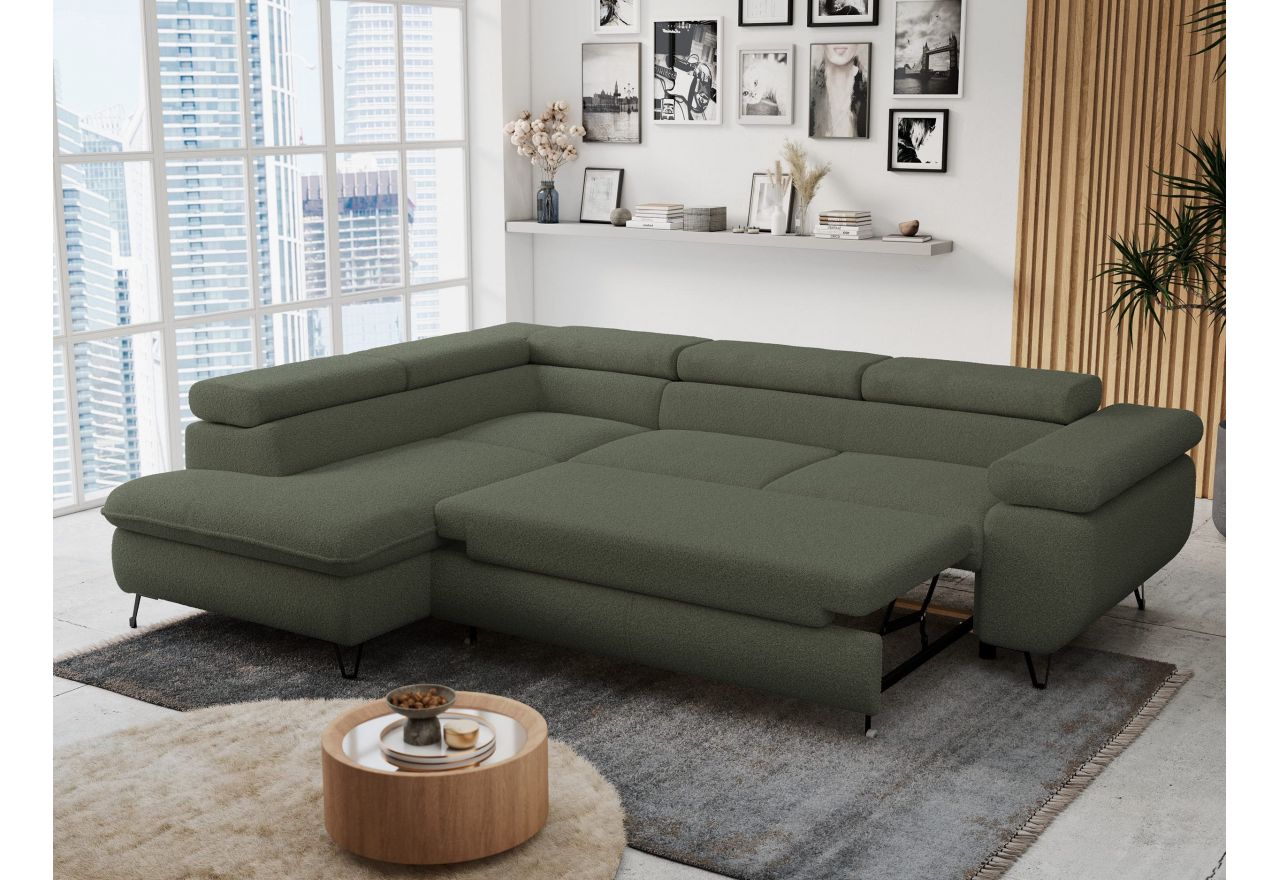 Narożnik PETER L - strona lewa - ciemnozielony, boucle