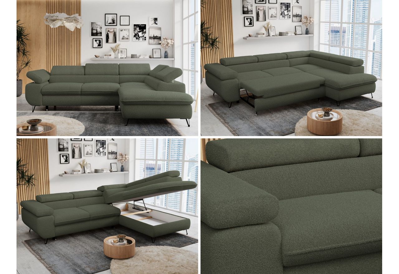 Narożnik PETER L - strona lewa - ciemnozielony, boucle