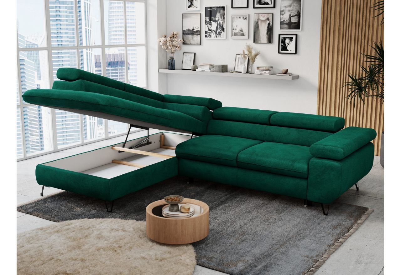 Narożnik PETER L - strona lewa - ciemnozielony, welwet