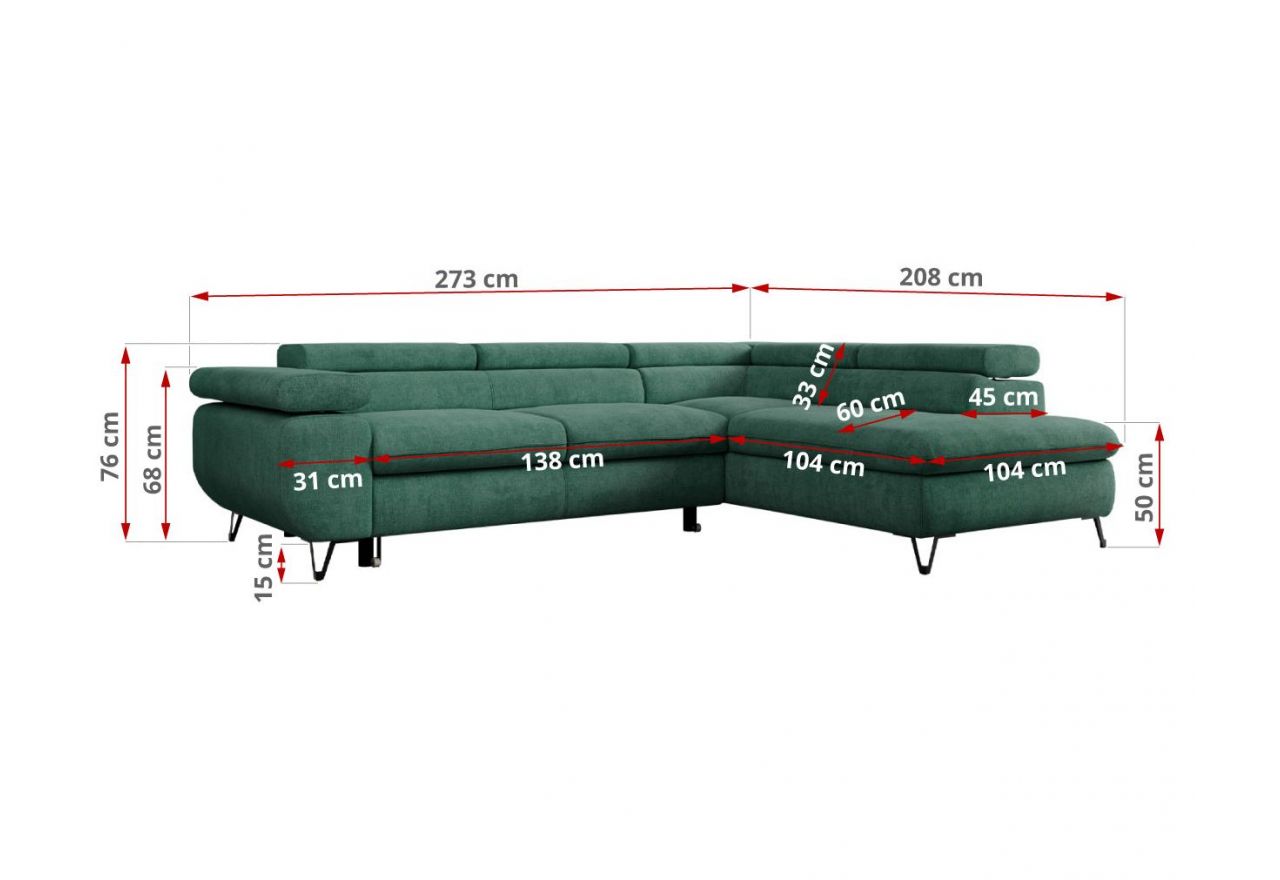 Narożnik PETER L - strona lewa - ciemnozielony, struktura