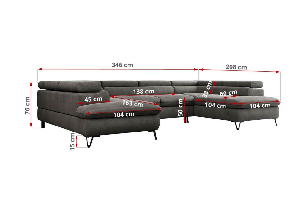 Narożnik PETER U - uniwersalny - ciemnoszary, welwet