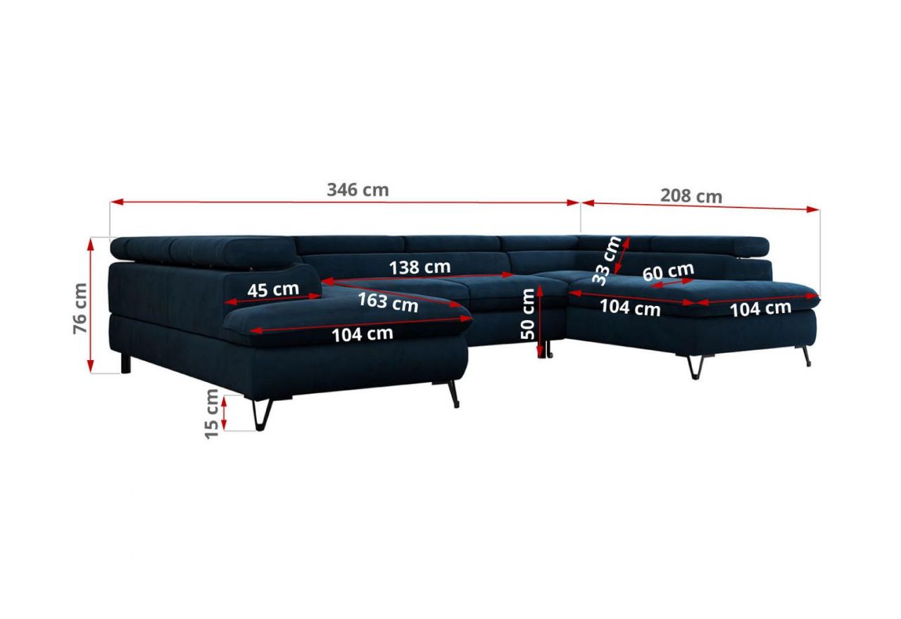 Narożnik PETER U - uniwersalny - ciemnoniebieski, welwet