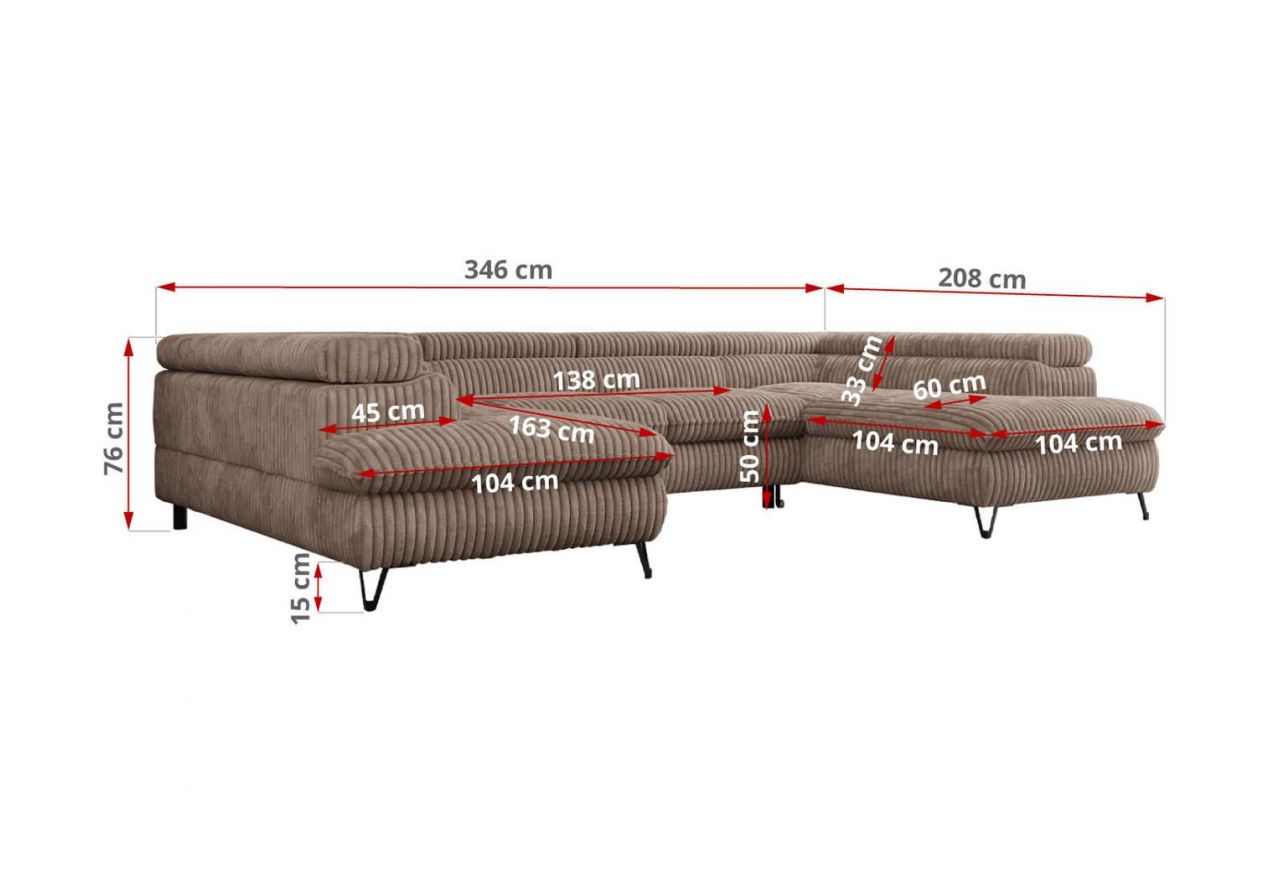 Narożnik PETER U - uniwersalny - brązowy, sztruks