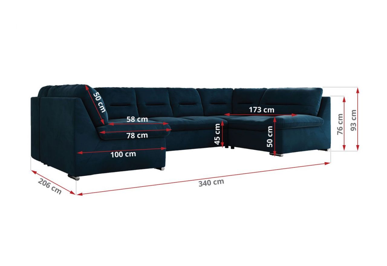 Narożnik MORBIDO U - uniwersalny - ciemnoniebieski, welwet