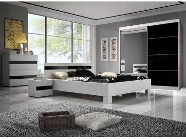 Zestaw mebli do sypialni w eleganckim designie z łóżkiem 160x200 oraz pojemną szafą - LUCAS  / Biały mat / Czarny połysk
