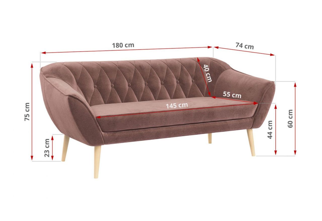 Sofa PIRS 3 - różowy, welwet