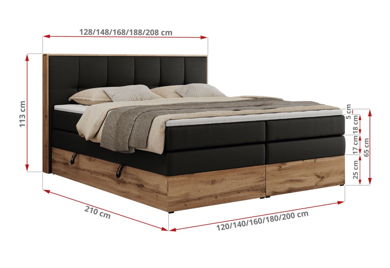 Łóżko kontynentalne ALBERO 1 KING 140x200 - H3 - czarny, ekoskóra