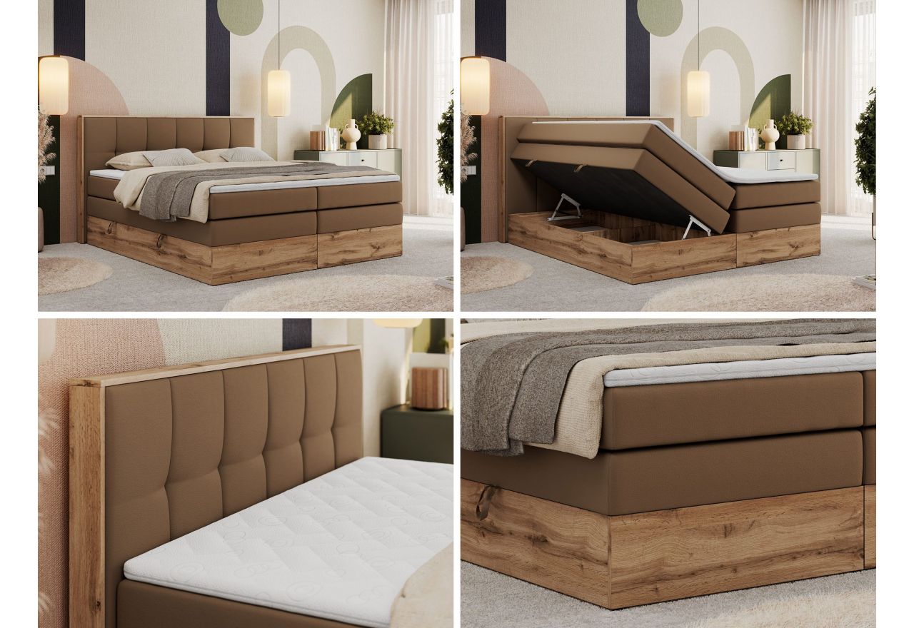 Łóżko kontynentalne ALBERO 1 KING 200x200 - H4 - brązowy, ekoskóra